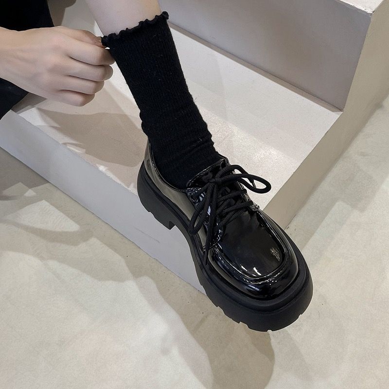 Thick-soled small leather shoes spring and autumn retro British style jk shoes black all-match with skirt lace-up loafers