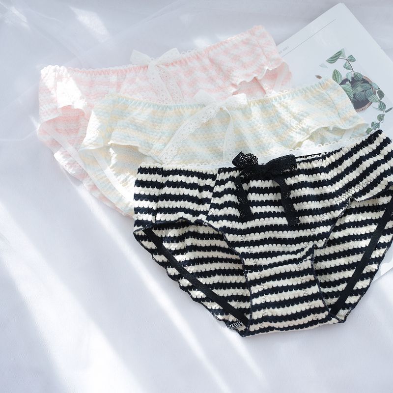 Fresh Yarn-dyed Striped Soft Cotton Lace Bow Simple Sweet Mid-waist Hip Underwear