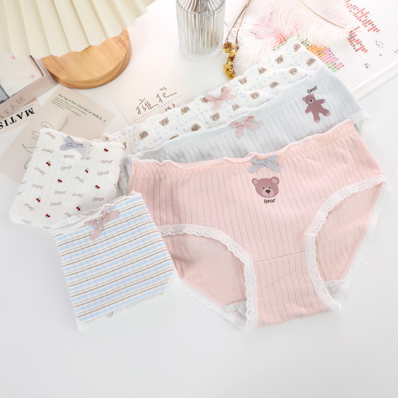 Ringed Cotton Women's Underwear Cute Bear Printed Women's Breathable Underwear Girls' Mid-Waist Hip Briefs