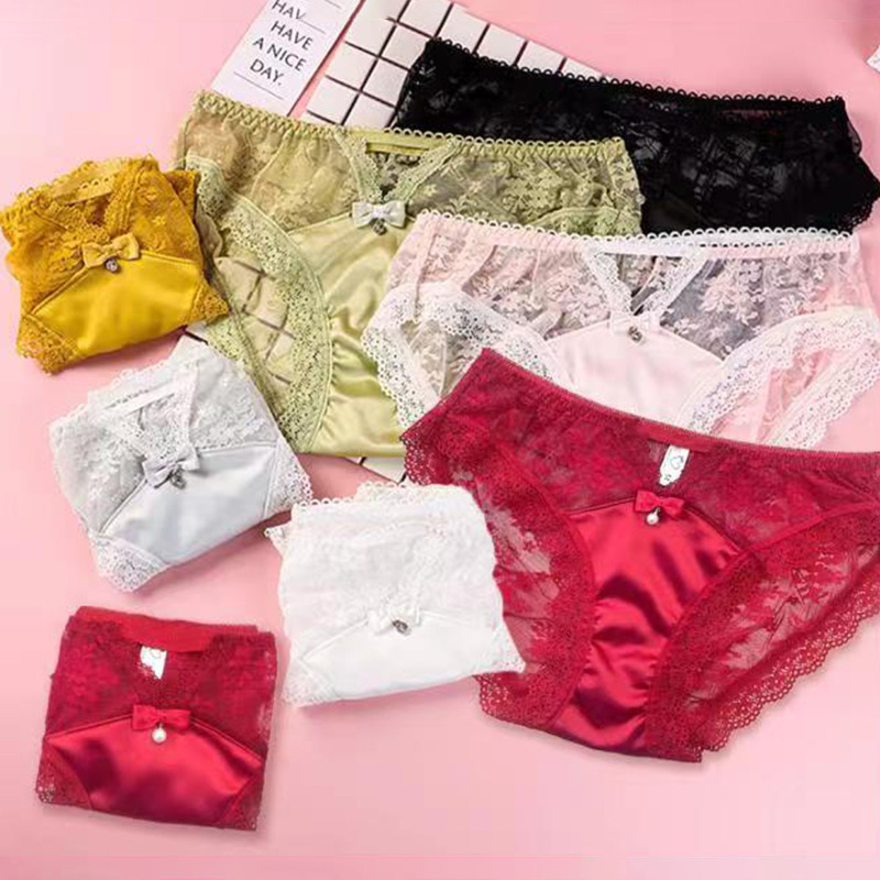 Satin lace hollow underwear ladies Japanese sweet ladies briefs sexy mesh fresh a generation of hair