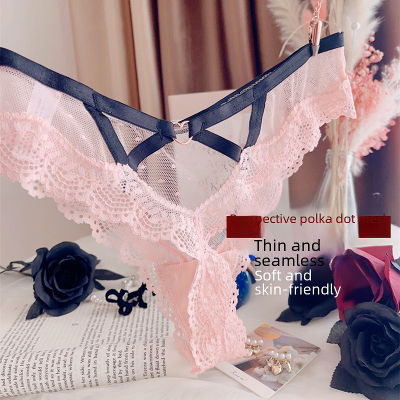 Large size high-elastic lace wave thong women's hollow strap waist line seamless sexy temptation perspective mesh T-pants