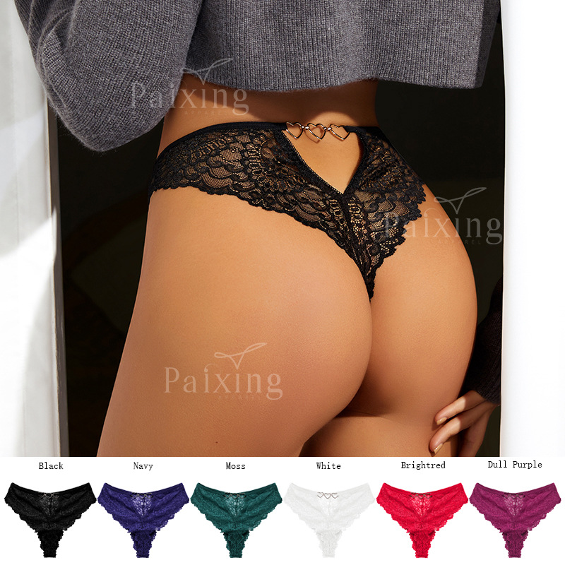 French style sexy lace hollow-out T-shaped underwear women's sexy plus size metal ring mid-waist cotton crotch women's thong