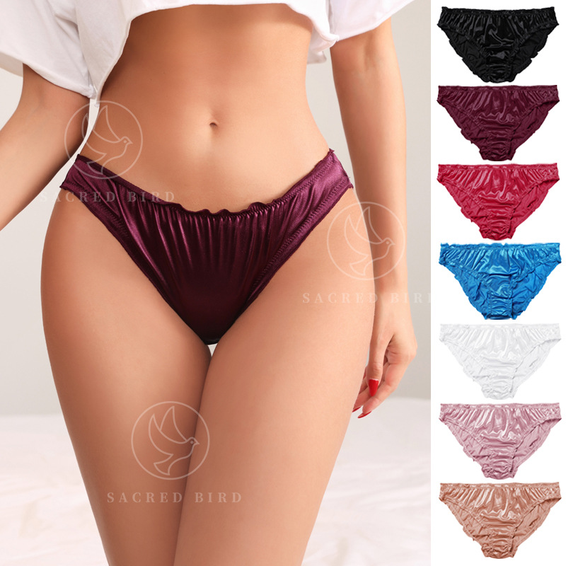 plus size super elastic girl sexy satin underwear mid-waist wave cotton crotch women's triangle underwear