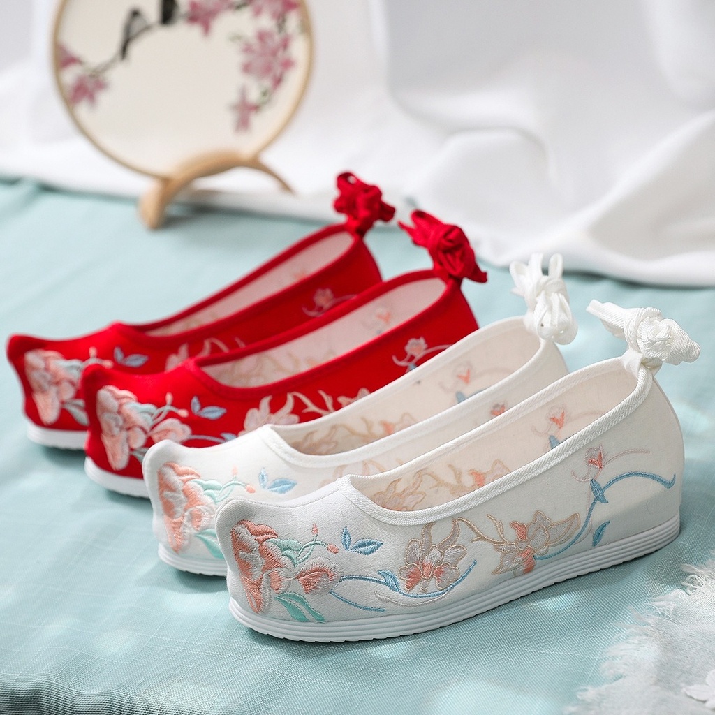 Shadows increased 3cm bow shoes a generation of antique lace-up shoes embroidered shoes Hanfu shoes