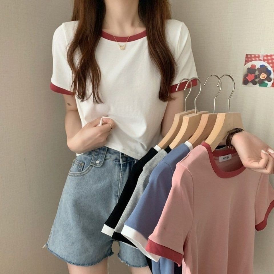 Contrast Color Round Neck Short Sleeve T-Shirt Women's Summer Base Shirt Korean Slim-fit Short Student Top Trendy