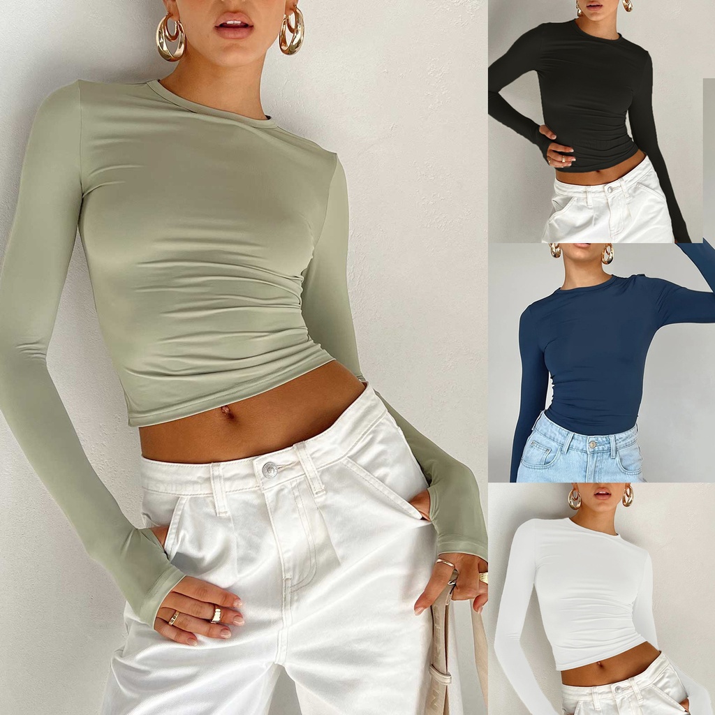 Women's Spring T-shirt Solid Color Round Neck Base Shirt Slim-fit Hand Long Sleeve Top for Women