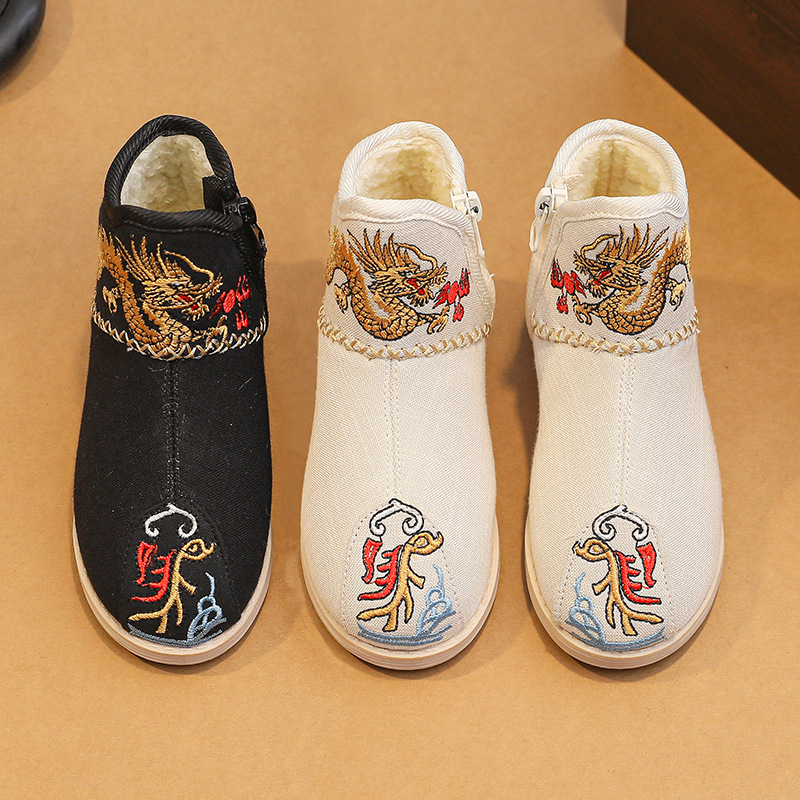 Year of the Dragon Hanfu Boots Boys Hanfu Shoes Ancient Children's Embroidered Shoes Winter Fleece-lined Horse-faced Skirt Cloth Shoes