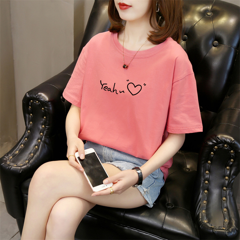 Korean Style Summer Cotton Printed Short-sleeved T-shirt Women's Casual Student Top Round Neck Loose Women's Fashion