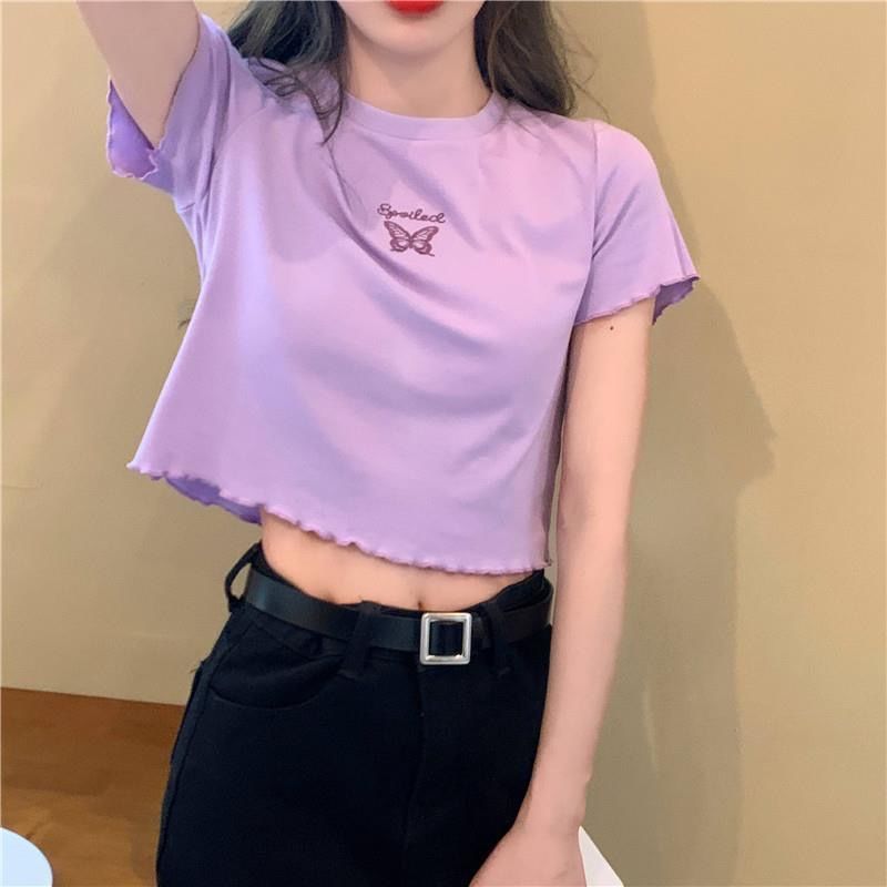 Summer High Waist Navel-exposed Short T-shirt Women's Slim-fit Slimming All-match Butterfly Embroidered Short-sleeved Top for Women