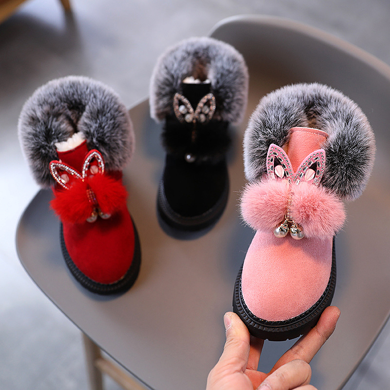Winter Children's Snow Boots Flat-bottomed Girls Princess Cotton Shoes Fashion Thickened Fleece-lined Short Barrel Baby Boots
