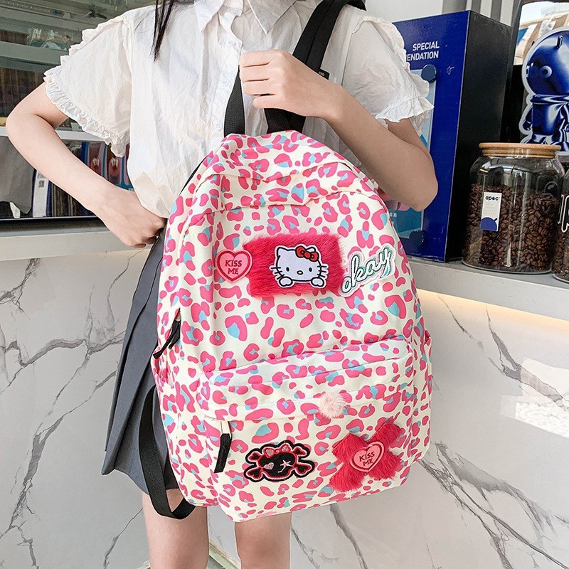 Backpack Women's Leopard Print Japanese Style Soft Kitty Cartoon Backpack Korean Ins Cute Student Schoolbag