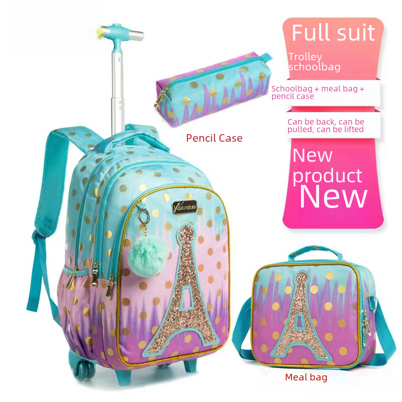 Sequin Tower Series 18-inch Primary School Student Trolley Schoolbag Three-piece Set Load-reducing Breathable Backpack for Boys and Girls