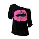 Lips Printed Short-sleeved T-shirt Women's Explosions Shoulder Irregular Sleeve Long Fashionable Slim-fit Top for Summer