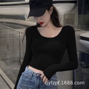 95 cotton U neck long sleeve navel shirt female Summer slim back sexy simple T-shirt