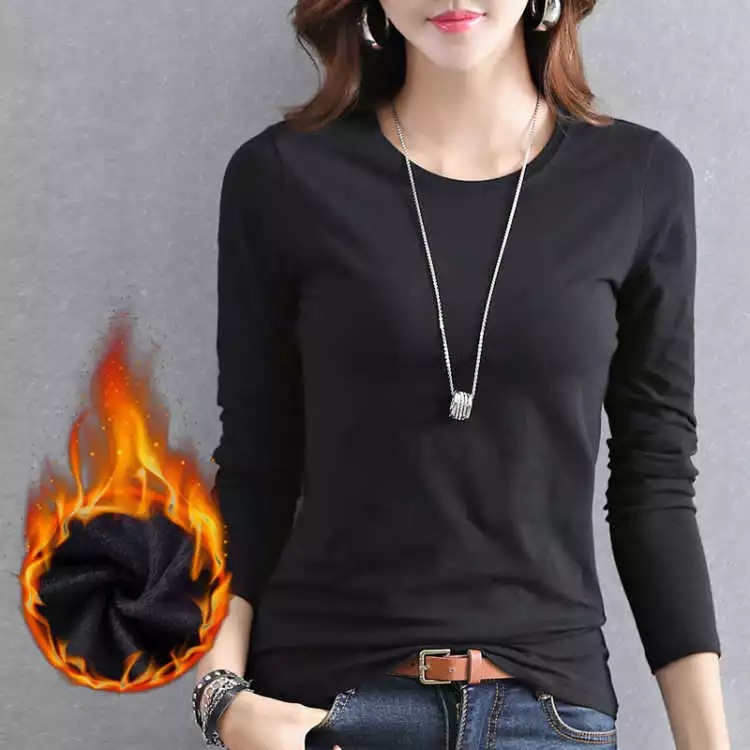 Black plus velvet warm crew neck Women's T-shirt long sleeve solid color large size women's bottoming shirt 1688 a generation of hair