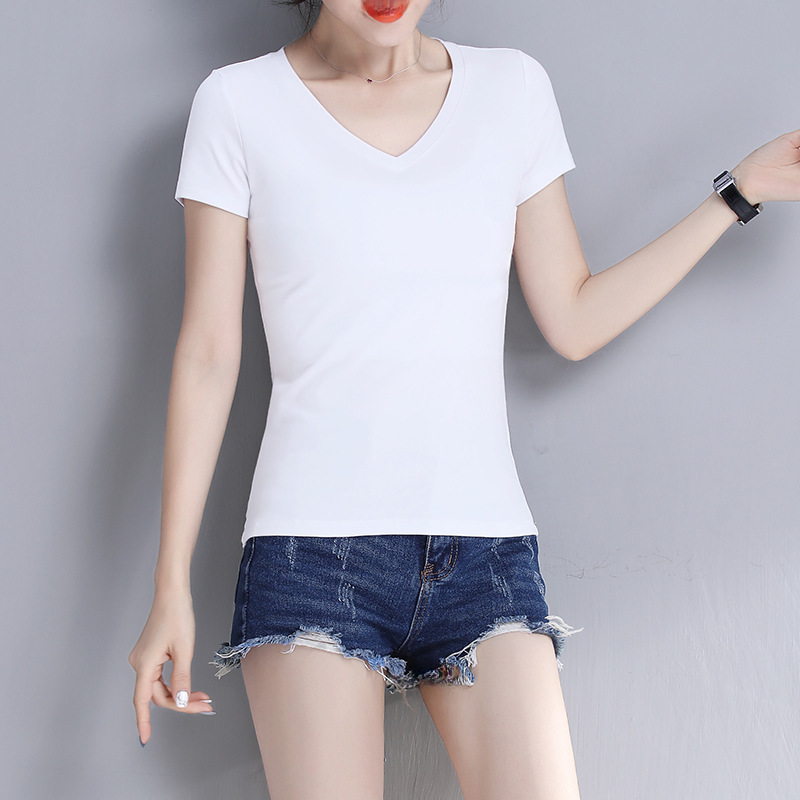 White V-Neck Short-Sleeved Women's Slim-Fit All-Match Korean-Style Solid Color T-Shirt Summer Top Women's Trendy Base Shirt