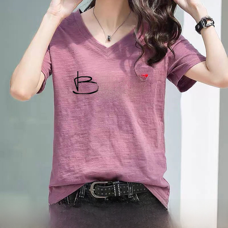 pdd Hot Selling Slub Cotton V-neck Women's Short-sleeved T-shirt Summer Half-sleeved Korean Style Loose T-shirt ins