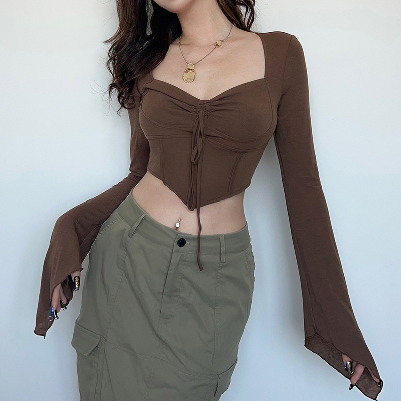 American Street hot girl style sexy low v-neck long-sleeved T-shirt Fishbone waist irregular slim-fit pleated navel top