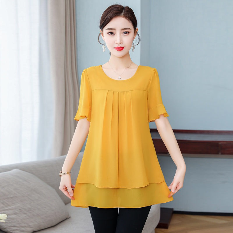 Real Shot Fashion Stylish Small Shirt T-Shirt Large Size Belly Covering Top for Chubby Girls Mother Mid-length Chiffon Shirt Women's Short-sleeved Summer