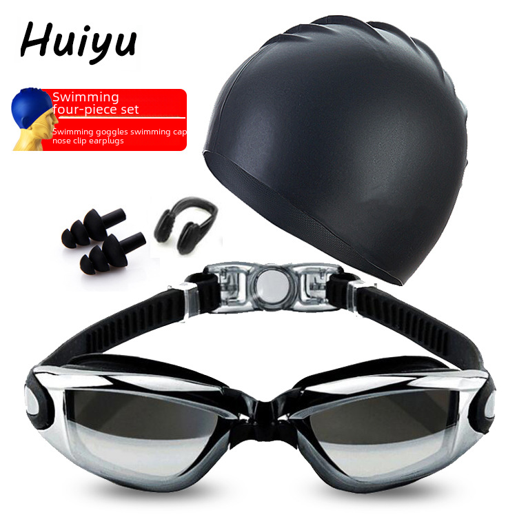 Adult Swimming Set HD Anti-fog Electroplated Swimming Goggles Set Waterproof Silicone Nose Clip Ear Plug Swimming Cap Swimming Goggles Set