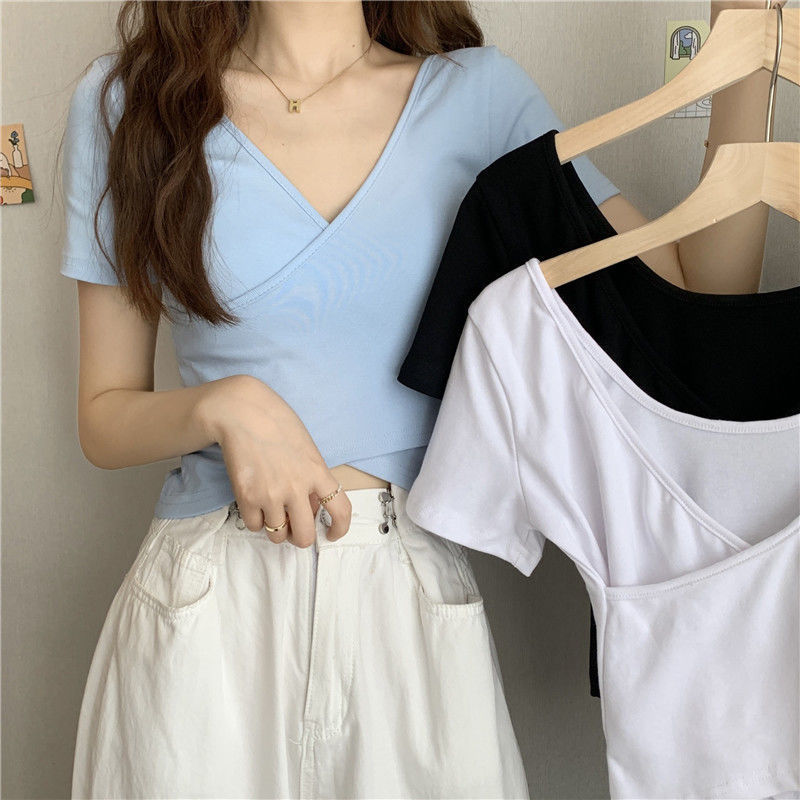 Summer cross versatile slimming slim-fit short-sleeved T-shirt women's Korean-style short solid color top women