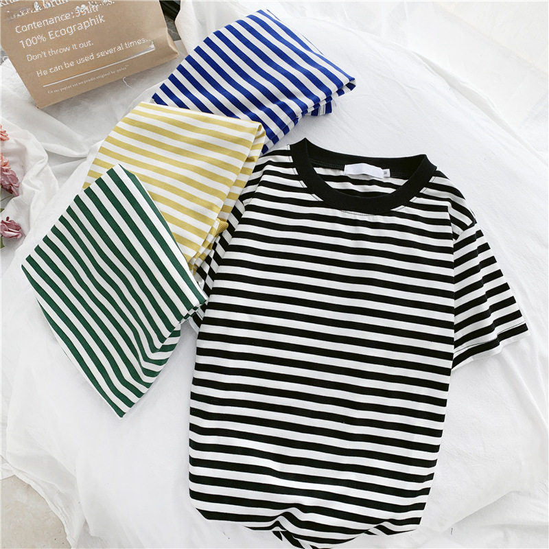 Spot Supply 2019 Summer Striped T-Shirt Women's Korean Loose Student Mori Women's Top Instagram Base Shirt Trendy