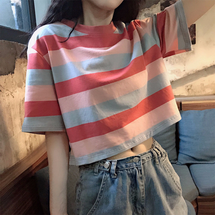 Summer Korean-style Loose Rainbow Striped Short-sleeved T-shirt Female Student Short Navel Top Trendy