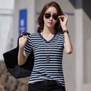 一件代发2024夏季新款韩版短袖T恤女纯棉条纹宽松V领上衣跨境货源