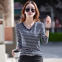 spring and autumn Korean striped long sleeve T-shirt women's V collar loose women's jacket supply of a generation of hair
