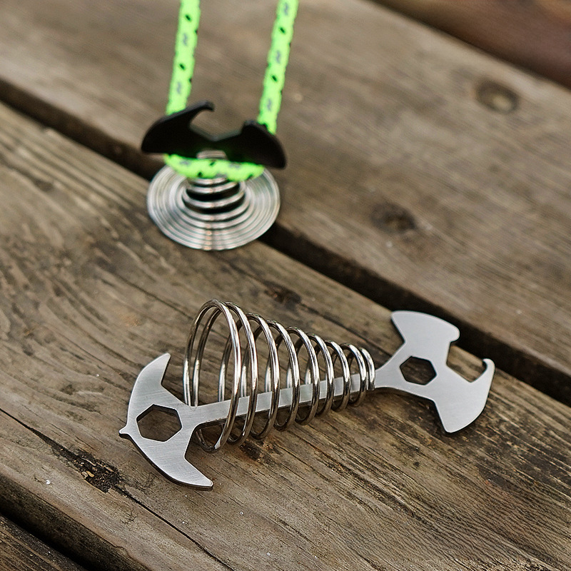 Outdoor camping Fishbone ground nail spring hook wind rope buckle multifunctional camping deck nail stainless steel tent rope buckle