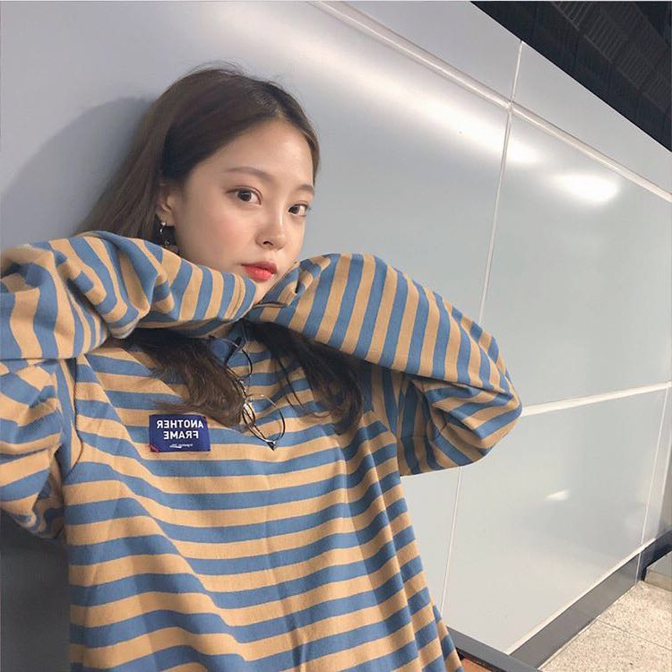 In stock 2019 South Korea chic autumn all-match striped long-sleeved T-shirt loose pullover Harajuku style student bottoming shirt