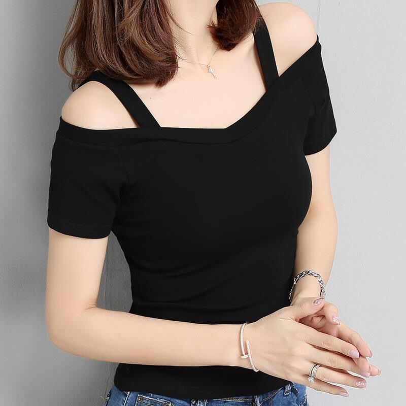 T-shirt Women's Summer Korean Style Black Shoulder Strap Short-sleeved T-shirt Women's Shoulder Collar Shoulder Sexy Top Trendy