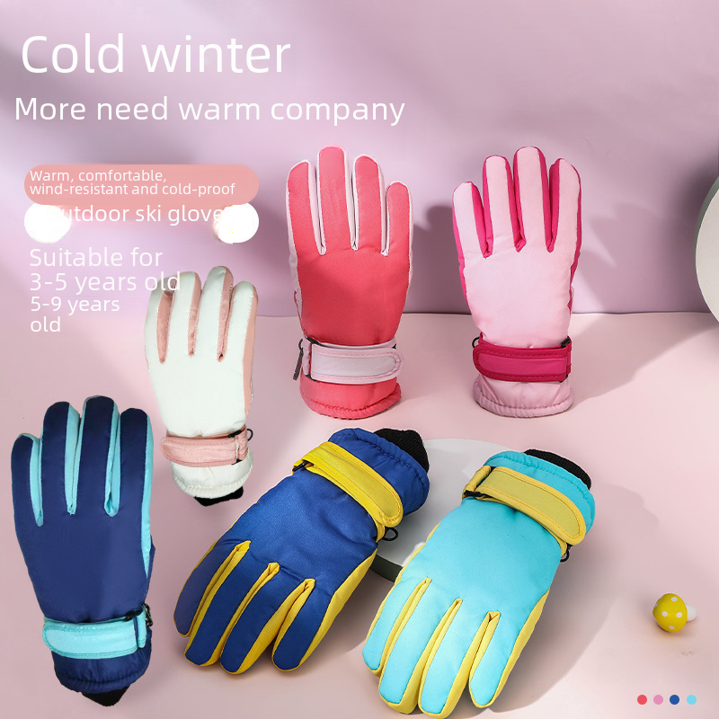 Outdoor sports children's ski gloves 3-9 years old winter simple plus velvet men's and women's windproof warm riding gloves
