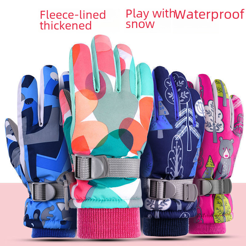 Winter Children's Warm Thickened Velvet Cute Student Ski Gloves Windproof Waterproof Outdoor Snow Play Cold-proof Gloves