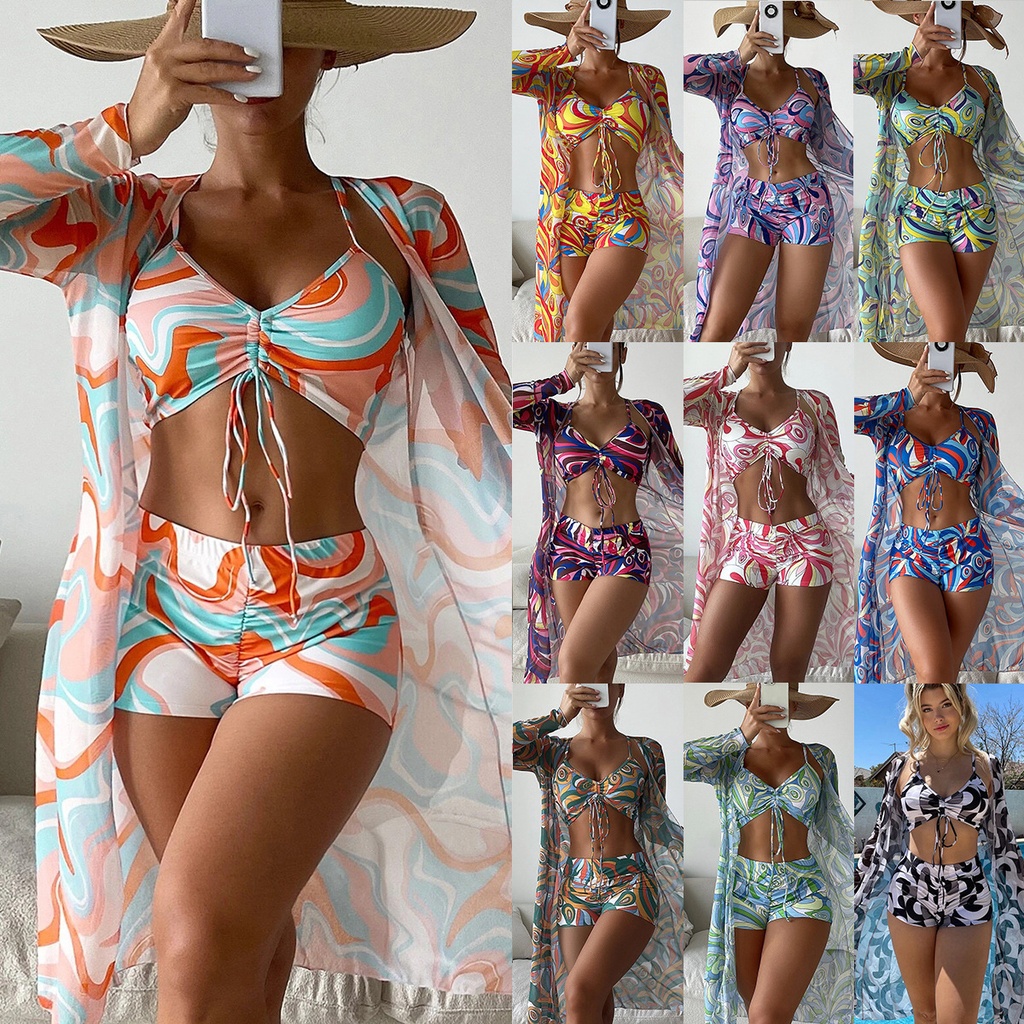 Swimwear Women's Split Three-Piece Set Pleated High Waist Long-Sleeved Blouse Internet Celebrity Drawstring Pack