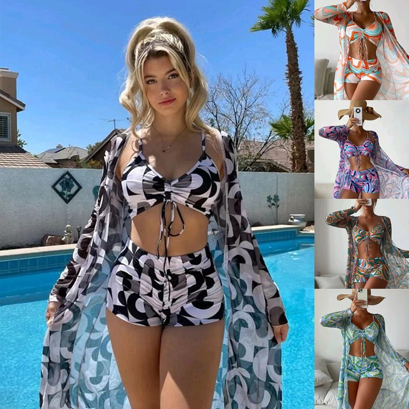 Bikini Three-Piece Digital Printed Outer Pants Swimsuit Women