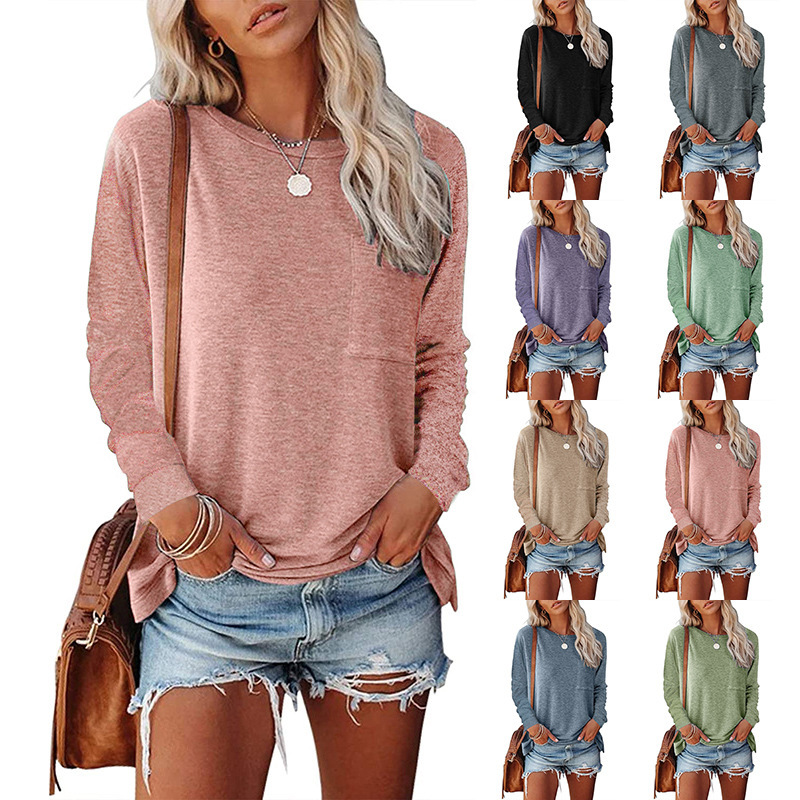 Women's Autumn and Winter Round Neck Pocket Split Long Sleeve Casual Loose Top T-shirt