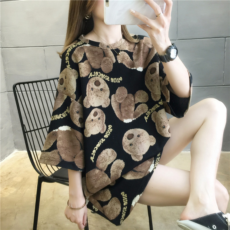 Women's Summer Women's Loose Cartoon Bear Short-sleeved All-match T-shirt Women's Large Size Mid-length Top