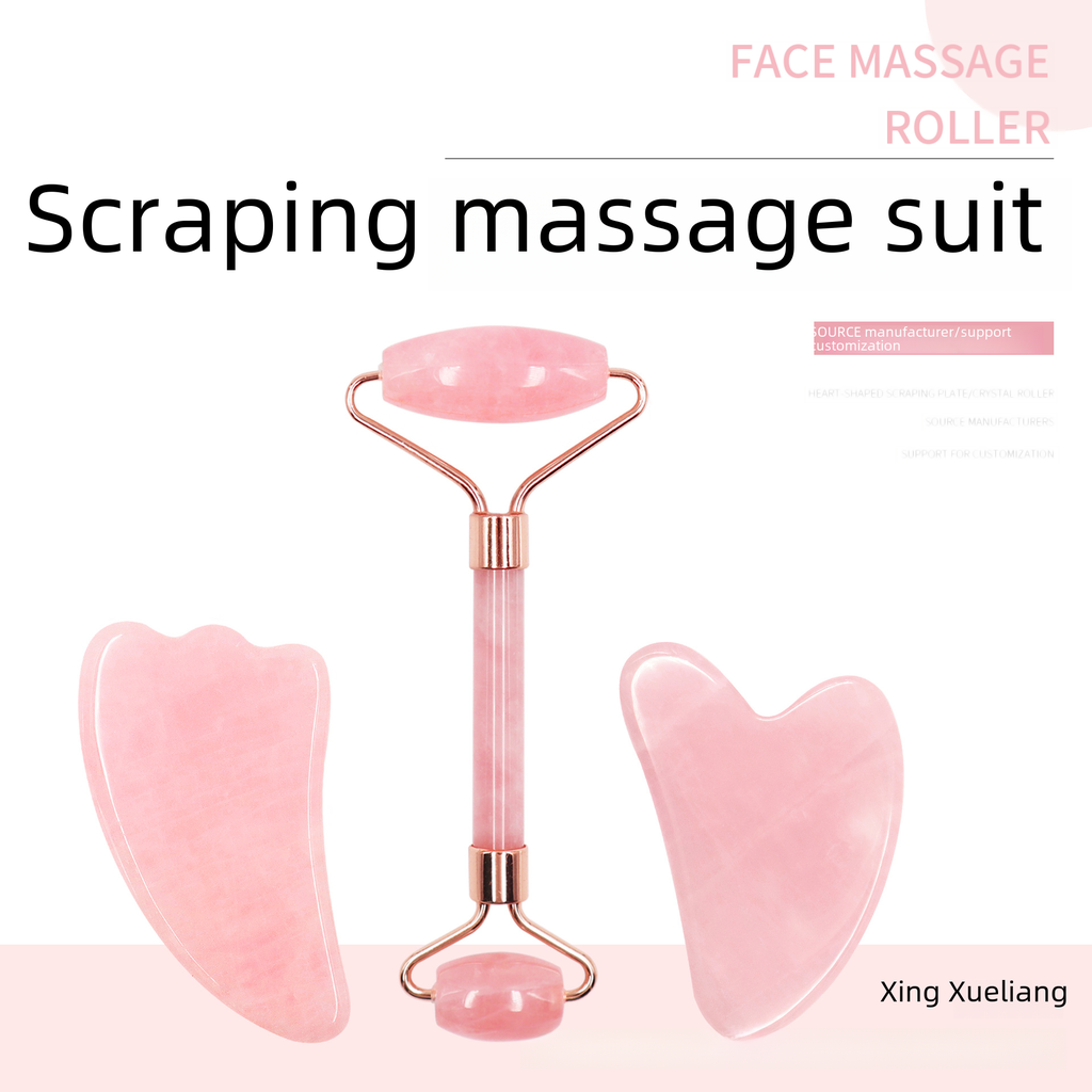 Pink crystal heart-shaped scraping beauty scraping massage natural pink crystal facial special jade roller massager