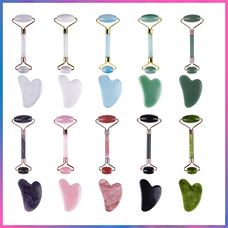 Hot Pink Crystal Jade Roller Massage Set Eye Face Heart-shaped Double-head Roller Beauty Massage Stick