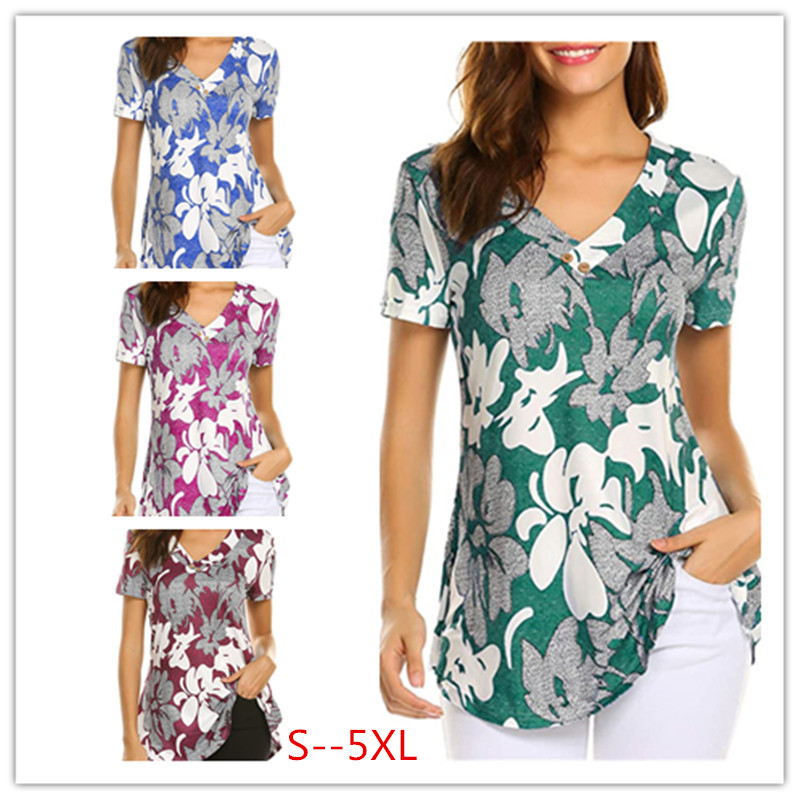 Women's Summer Casual T-shirt Fashion V-neck Floral Short-sleeved Looser Top