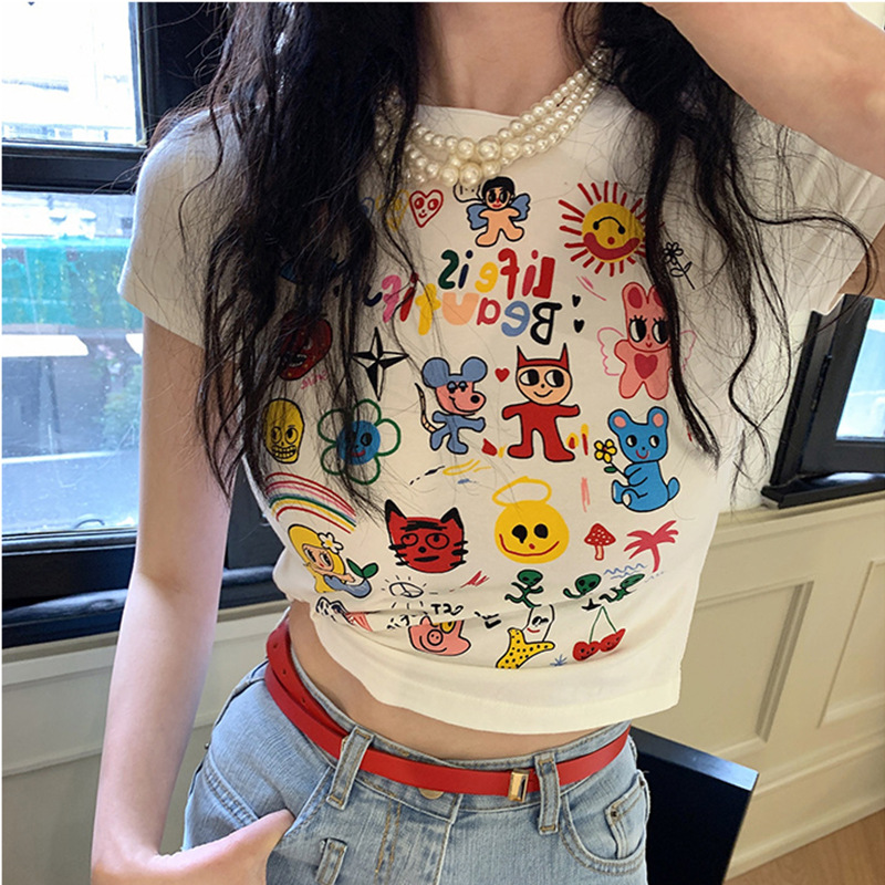 South Korea Dongdaemun Early Spring Cute Fun Cartoon Print Slim-fit T-shirt for Women