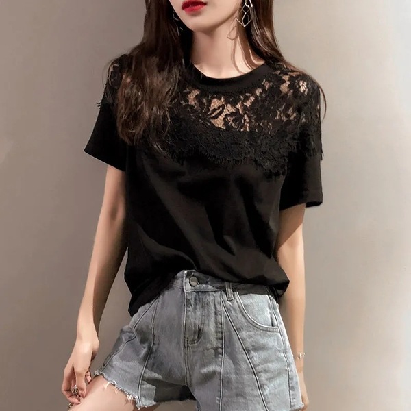 Lace Stitching Round Neck T-shirt Summer Sense Niche Western Style Short Sleeve Student Top