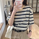 Retro Striped Short Sleeve T-shirt Women's Summer Loose Cotton Embroidered Casual Half Sleeve Top