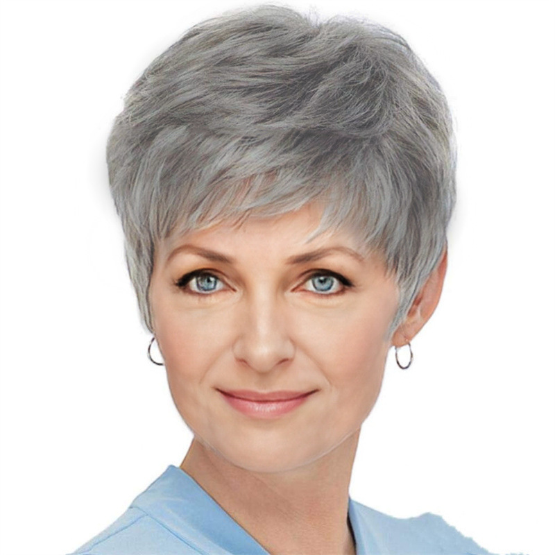 Overseas TikTok Hot Wig Women's Grandma Grey Side Short Straight Hair Middle-aged and Elderly Breathable Wig Full Head Cover