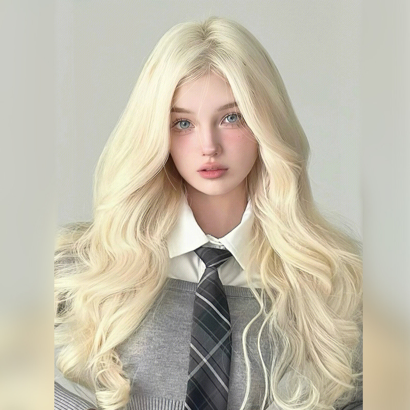 Internet Celebrity Wigs in Europe and America INS Style Very Light Platinum Wigs Female Long Curly Hair Anchor Natural Hot Girl