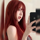 Zicen Wig Women's Raspberry Red Long Straight Hair Summer White Women's Air Bangs Fashionable Realistic Full Head Cover