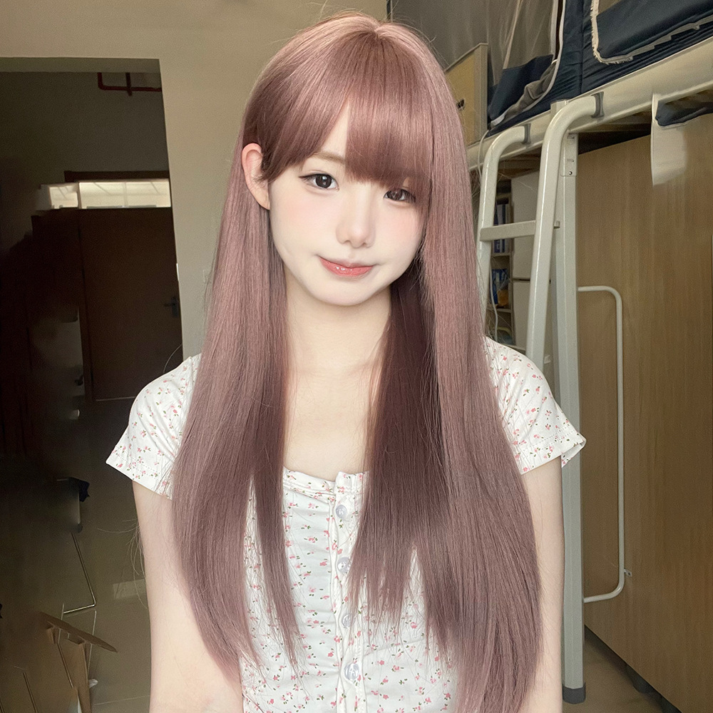 Cheng Ming Wig Women's Long Straight Hair Round Face Natural Fluffy Student Sweet Internet Celebrant Summer Thin Rattan Color Full Head Cover
