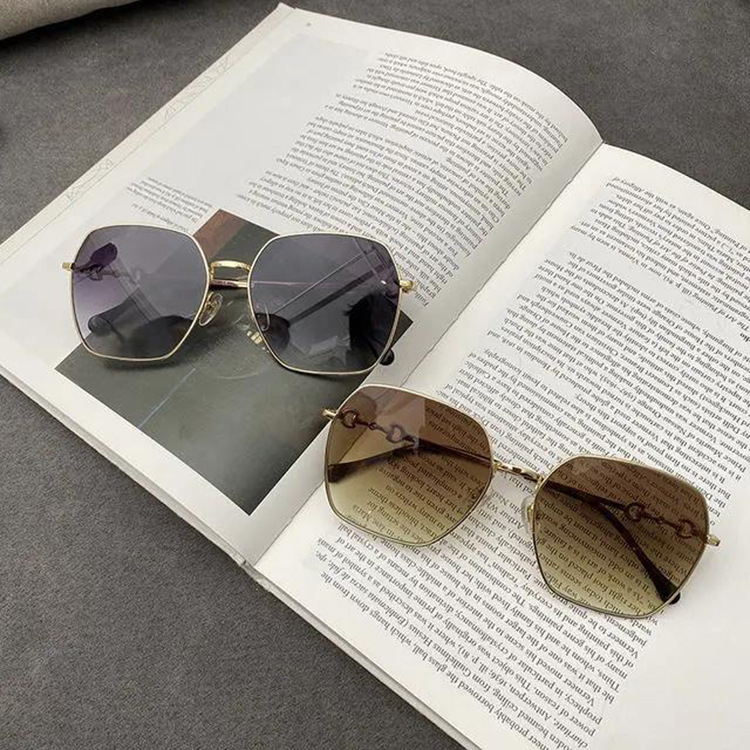 Horsebit Buckle Sunglasses ins Style Large Frame Face Shining Small Sunglasses Metal Sunglasses Fashionable Concave Shape