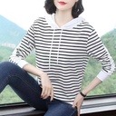 Spring and Autumn striped T-shirt female middle-aged mother loose striped hooded long sleeve plus size women's top